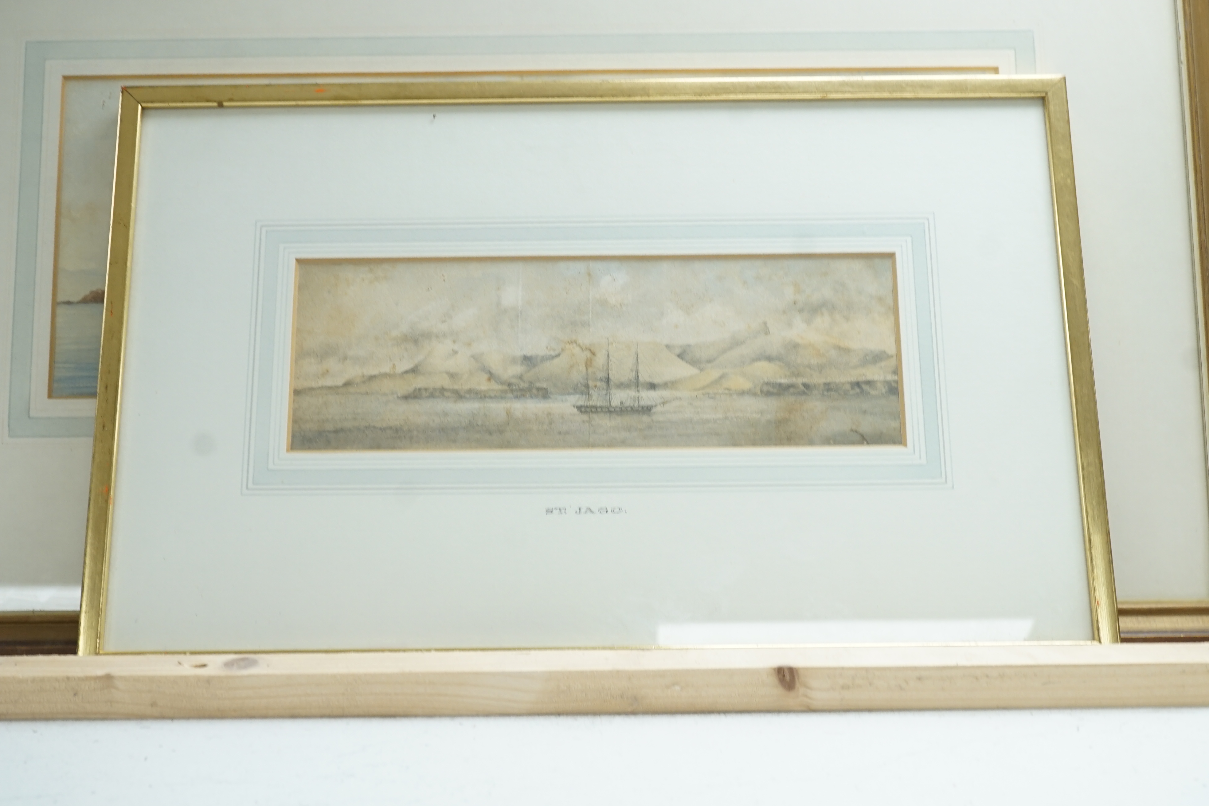 19th century English School, two watercolours, 'View of shipping moored at Pantelleria, March 27 1872' and 'St Jago', probably the work of a Naval officer, 15 x 43cm and 9 x 26cm